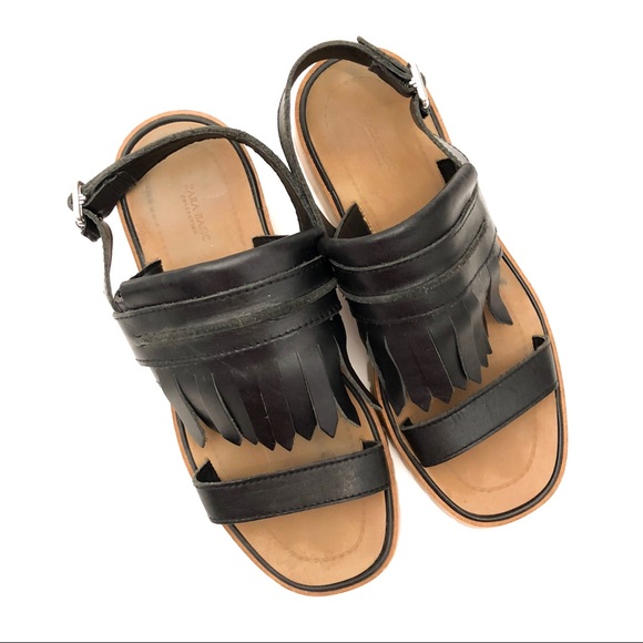 Zara Shoes - Zara Real Leather Fringe Sandals Black EUC 36